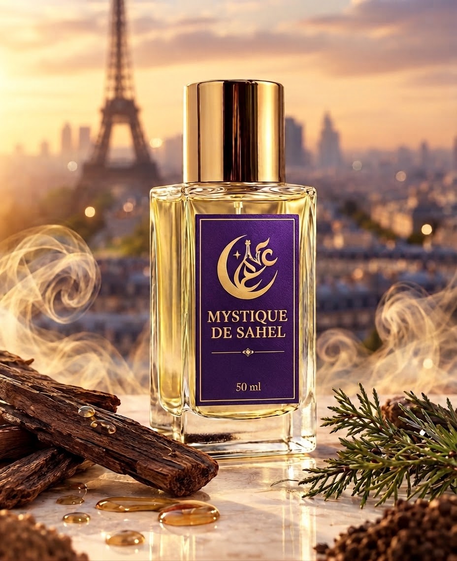 Mystique de Sahel — flacon étiquette violette et or, bois de santal