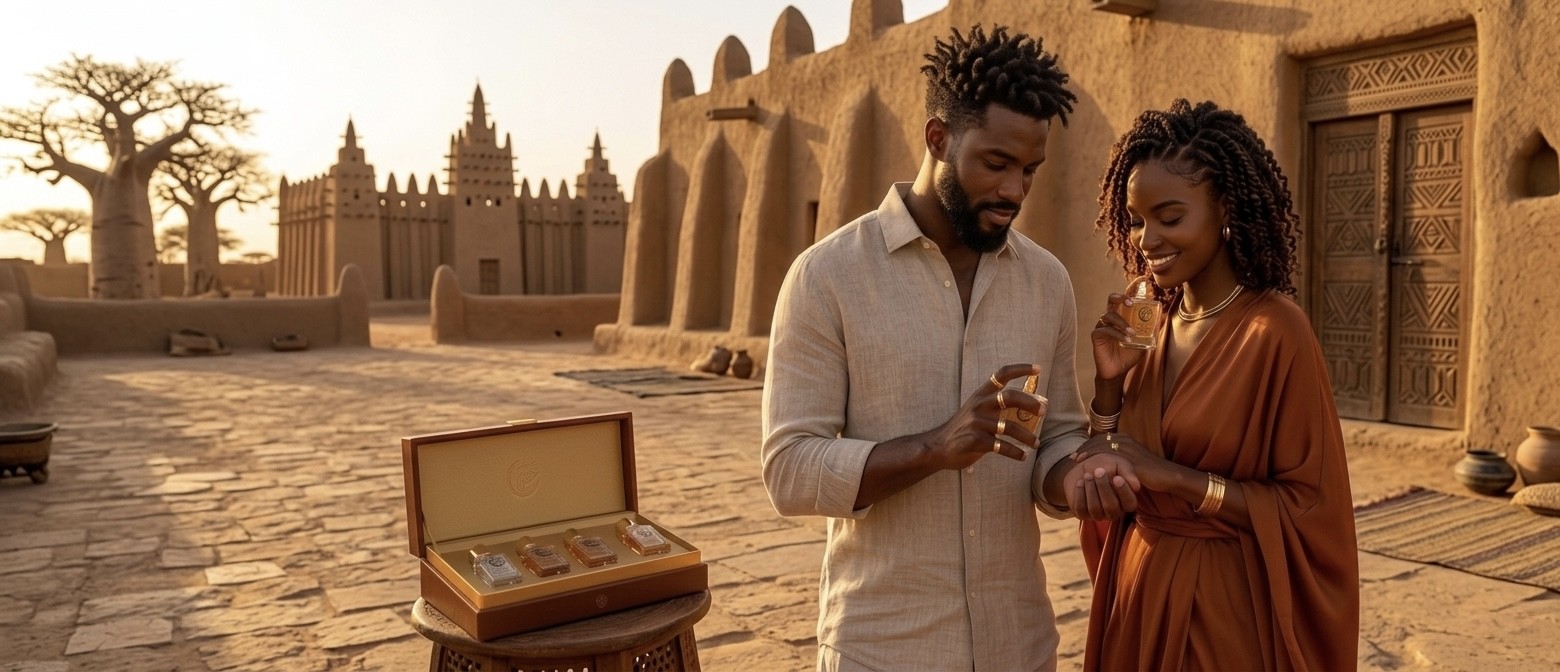 Couple découvrant un coffret Parfum du Sahel à Djenné
