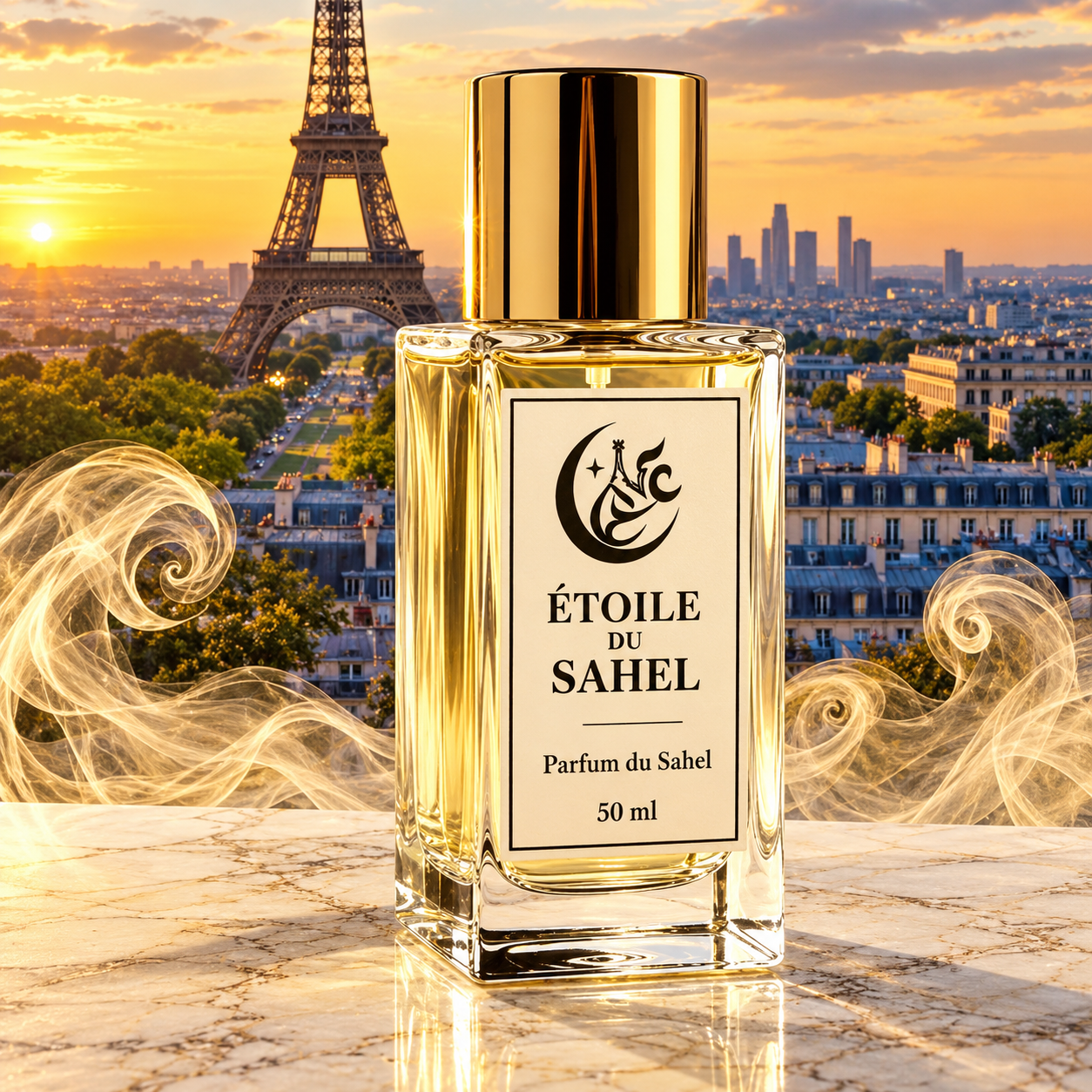 Étoile du Sahel — flacon doré face à la tour Eiffel au coucher du soleil