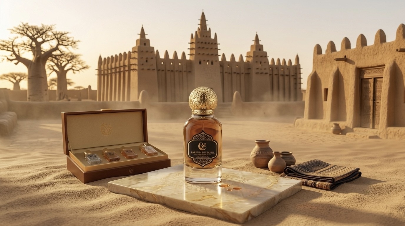 Flacon Parfum du Sahel devant la grande mosquée de Djenné