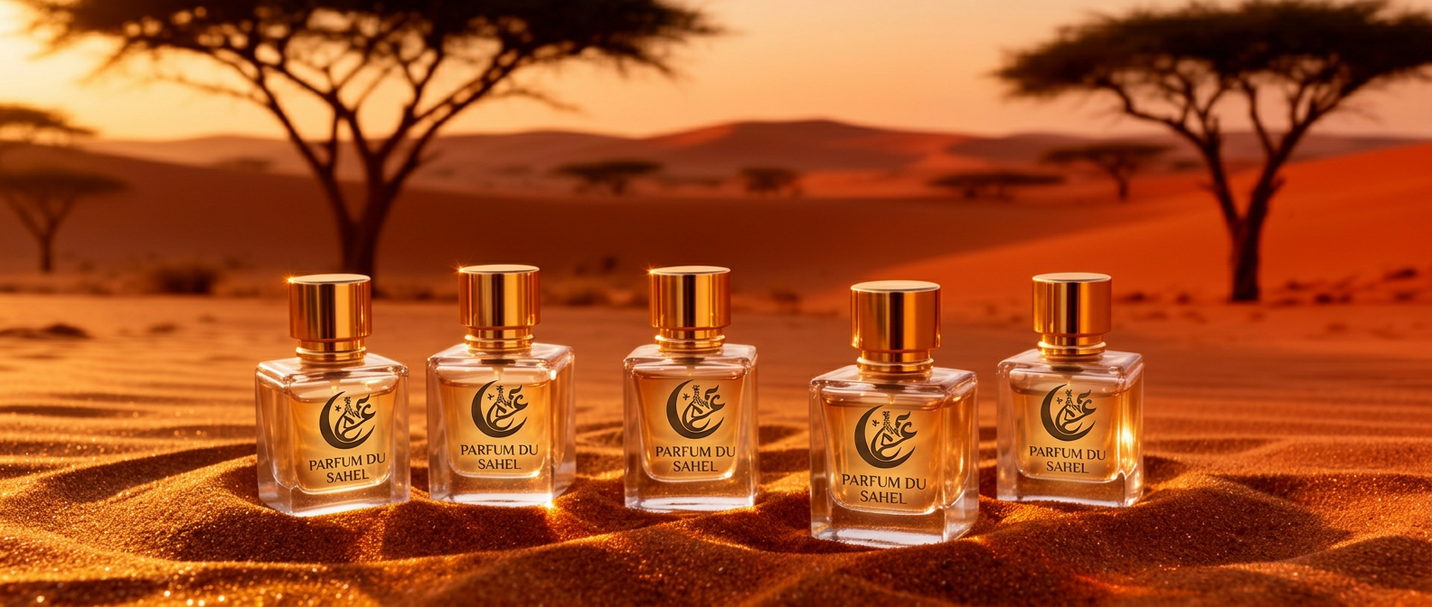 Flacons Parfum du Sahel sur le sable au coucher du soleil